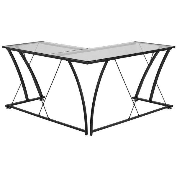 L-Shape Computer Desk with Tempered Glass Top and Black Metal Frame