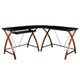 Black Top/Cherry Frame |#| Black Glass L-Shape Corner Computer Desk with Pull-Out Keyboard Tray