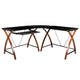 Black Top/Cherry Frame |#| Black Glass L-Shape Corner Computer Desk with Pull-Out Keyboard Tray