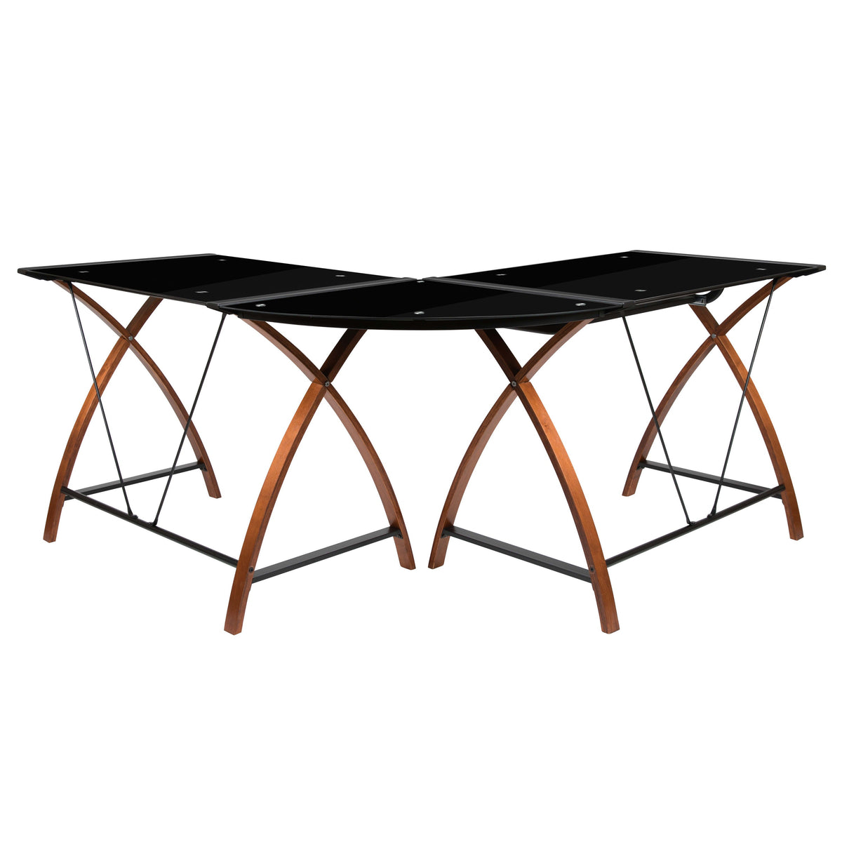 Black Top/Cherry Frame |#| Black Glass L-Shape Corner Computer Desk with Pull-Out Keyboard Tray