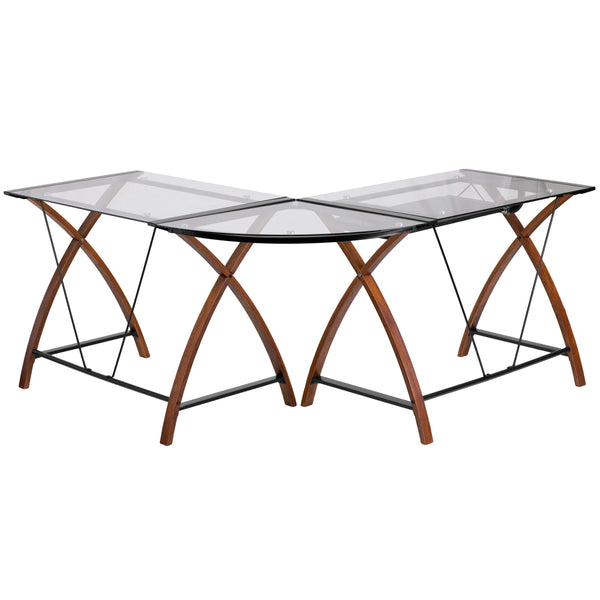 Clear Top/Cherry Frame |#| Glass L-Shape Desk with Pull-Out Keyboard Tray & Cherry Finish Crisscross Legs