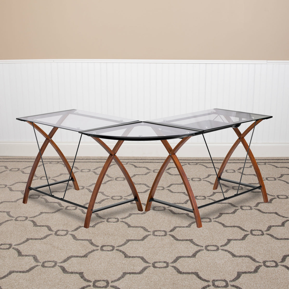 Clear Top/Cherry Frame |#| Glass L-Shape Desk with Pull-Out Keyboard Tray & Cherry Finish Crisscross Legs