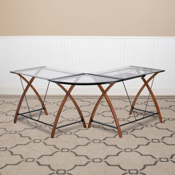 Clear Top/Cherry Frame |#| Glass L-Shape Desk with Pull-Out Keyboard Tray & Cherry Finish Crisscross Legs