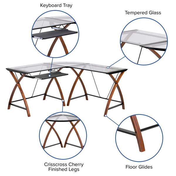 Clear Top/Cherry Frame |#| Glass L-Shape Desk with Pull-Out Keyboard Tray & Cherry Finish Crisscross Legs