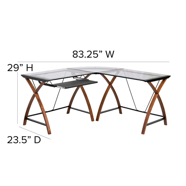 Clear Top/Cherry Frame |#| Glass L-Shape Desk with Pull-Out Keyboard Tray & Cherry Finish Crisscross Legs