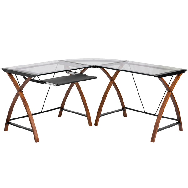 Clear Top/Cherry Frame |#| Glass L-Shape Desk with Pull-Out Keyboard Tray & Cherry Finish Crisscross Legs