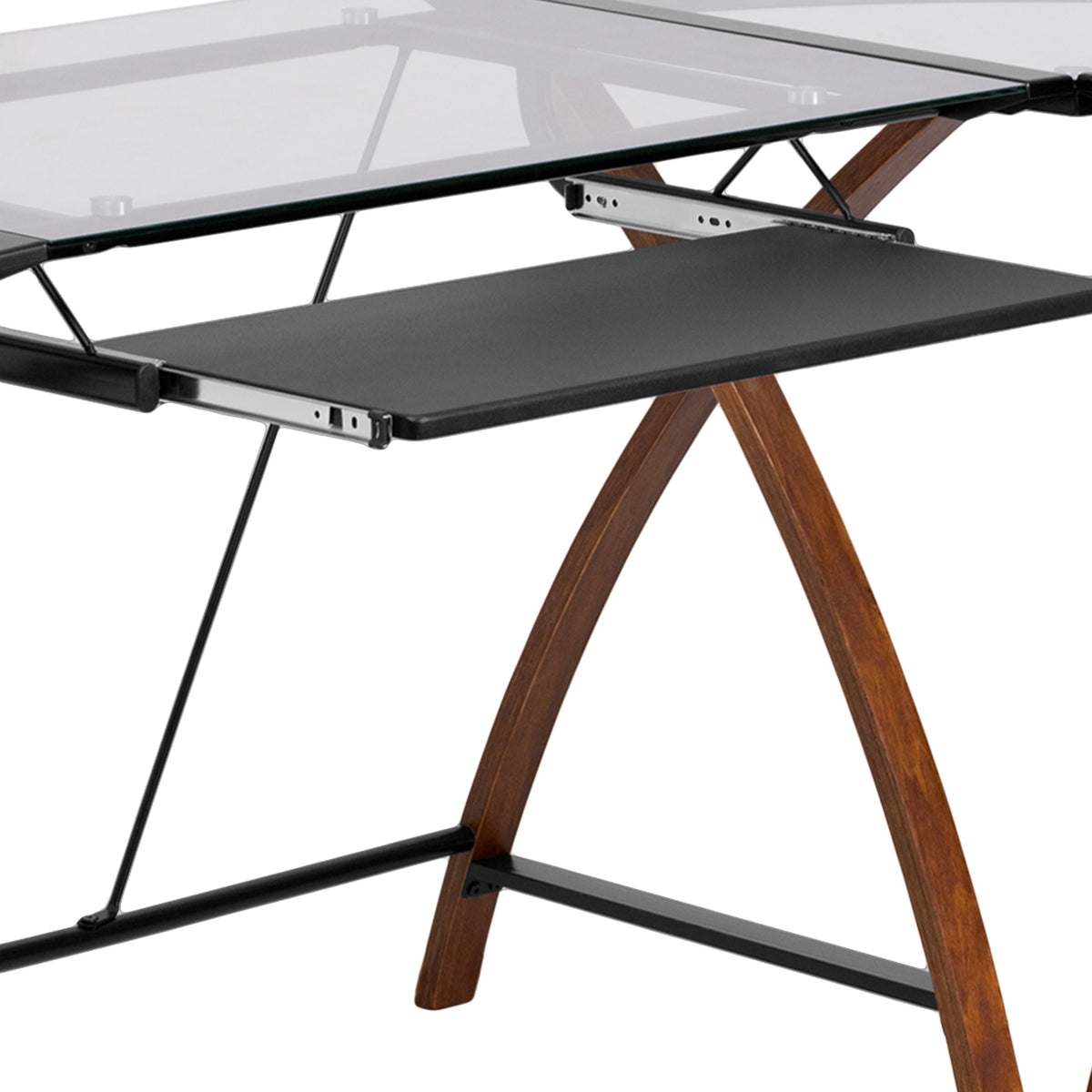 Clear Top/Cherry Frame |#| Glass L-Shape Desk with Pull-Out Keyboard Tray & Cherry Finish Crisscross Legs