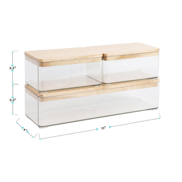 Clear/Light Natural Paulownia Top |#| Premium Clear Plastic Storage Boxes with Lt Natural Paulownia Wood Lids-3 Pack