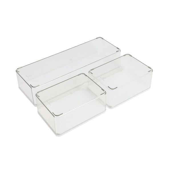 Clear/White Engineered Top |#| Premium Clear Plastic Storage Boxes with White Engineered Wood Lids-3 Pack