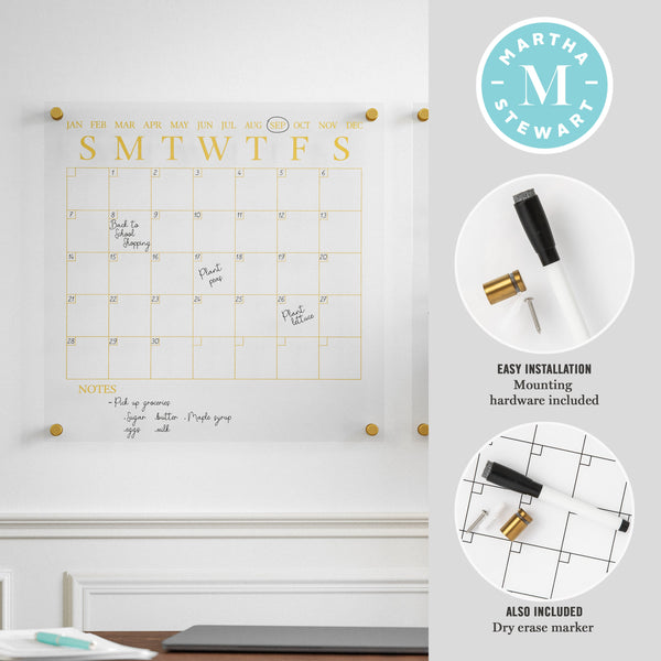 Clear/Gold |#| Premium Clear Acrylic Monthly Wall Calendar and Notes Board with Gold Printing