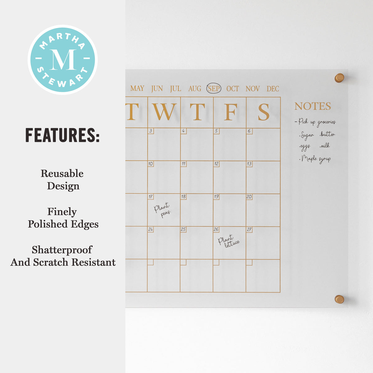 Clear/Gold |#| Premium Clear Acrylic Monthly Wall Calendar with Notes Section and Gold Printing