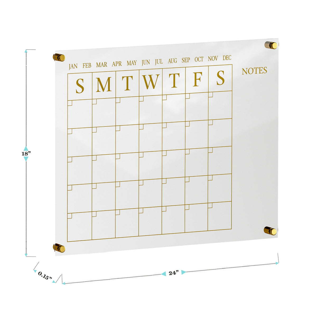 Clear/Gold |#| Premium Clear Acrylic Monthly Wall Calendar with Notes Section and Gold Printing