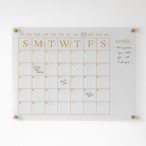 Clear/Gold |#| Premium Clear Acrylic Monthly Wall Calendar with Notes Section and Gold Printing