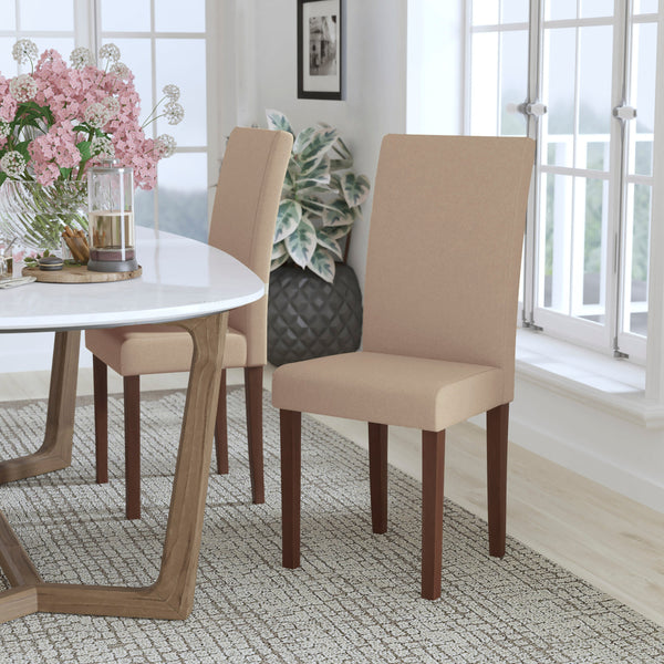 Beige Fabric |#| Beige Fabric Upholstered Parsons Chair with Panel Stitching and Mahogany Legs