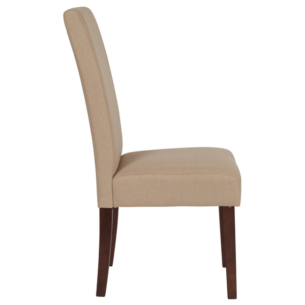 Beige Fabric |#| Beige Fabric Upholstered Parsons Chair with Panel Stitching and Mahogany Legs