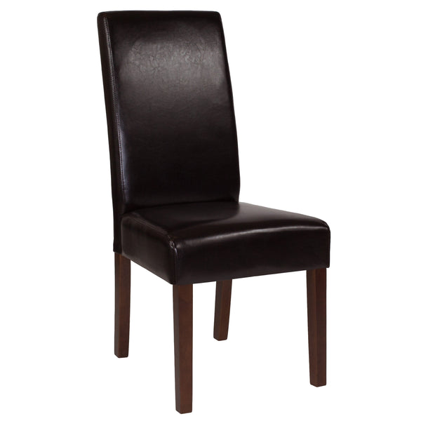 Brown LeatherSoft |#| Brown LeatherSoft Upholstered Parsons Chair w/Panel Stitching &Mahogany Legs