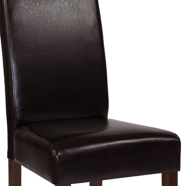 Brown LeatherSoft |#| Brown LeatherSoft Upholstered Parsons Chair w/Panel Stitching &Mahogany Legs