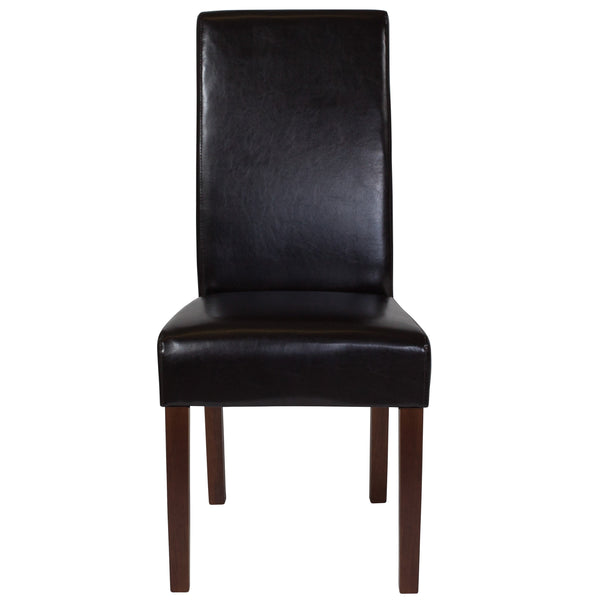 Brown LeatherSoft |#| Brown LeatherSoft Upholstered Parsons Chair w/Panel Stitching &Mahogany Legs