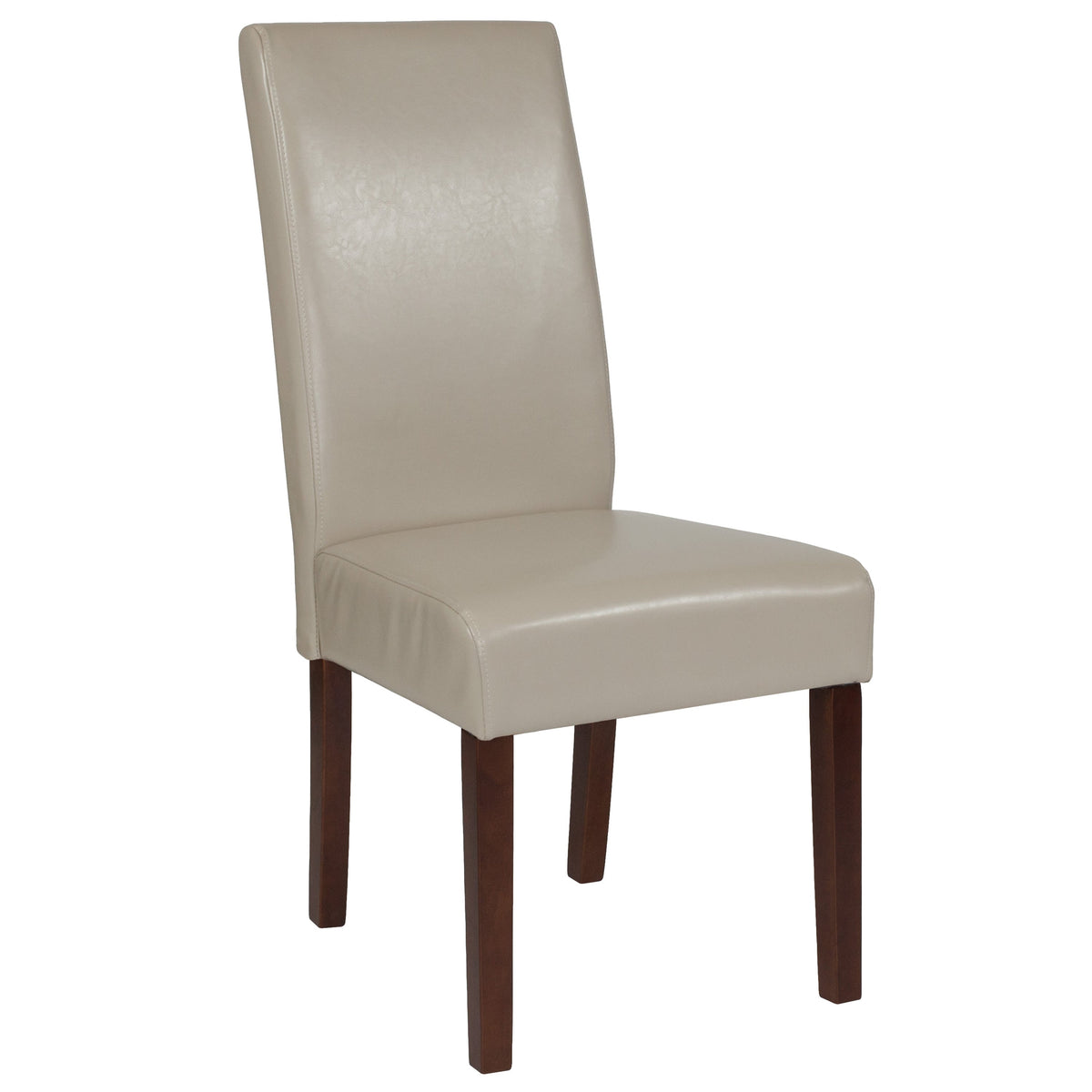 Beige LeatherSoft |#| Beige LeatherSoft Upholstered Parsons Chair w/Panel Stitching &Mahogany Legs