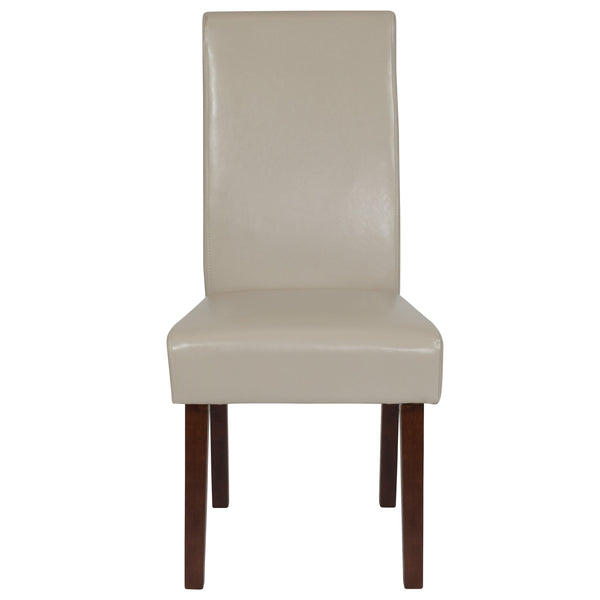 Beige LeatherSoft |#| Beige LeatherSoft Upholstered Parsons Chair w/Panel Stitching &Mahogany Legs