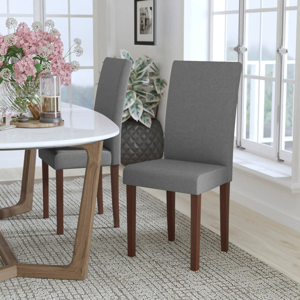 Light Gray Fabric |#| Lt Gray Fabric Upholstered Parsons Chair with Panel Stitching and Mahogany Legs