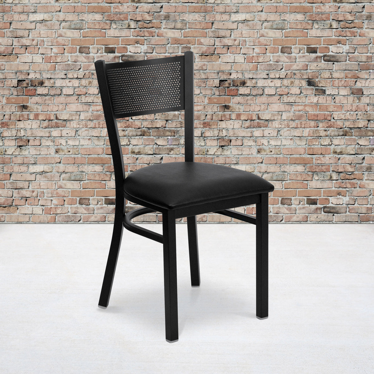 Black Vinyl Seat/Black Metal Frame |#| Black Grid Back Metal Restaurant Chair with Black Vinyl Upholstered Seat