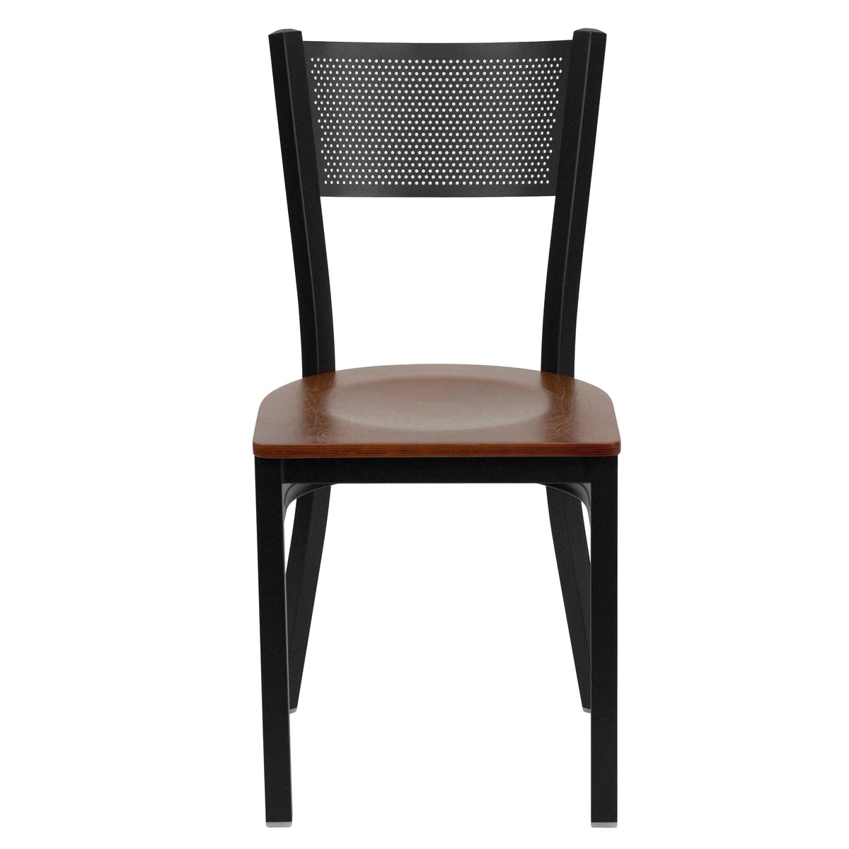 Cherry Wood Seat/Black Metal Frame |#| Black Grid Back Metal Restaurant Chair with Cherry Wood Seat