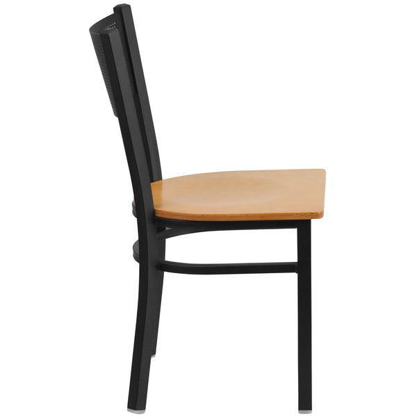 Natural Wood Seat/Black Metal Frame |#| Black Grid Back Metal Restaurant Chair with Natural Wood Seat