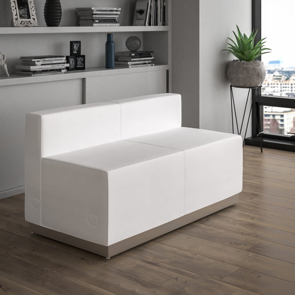 Melrose White |#| White LeatherSoft Loveseat with Stainless Steel Base - Reception Furniture