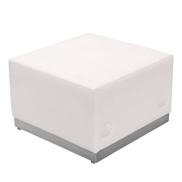 Melrose White |#| White LeatherSoft Ottoman with Stainless Steel Base - Reception Furniture
