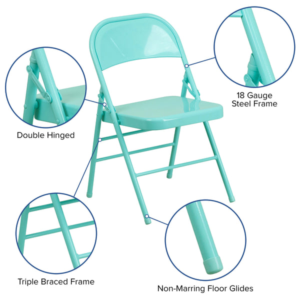 Tantalizing Teal |#| Tantalizing Teal Triple Braced & Double Hinged Metal Folding Chair - Vivid Color