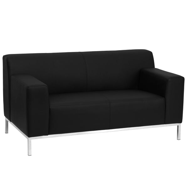Black LeatherSoft Loveseat w/ Line Stitching & Integrated Stainless Steel Frame