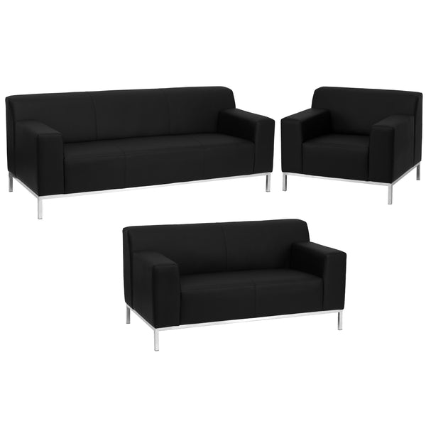 Black LeatherSoft Reception Room Set w/ Line Stitching &Stainless Steel Frame