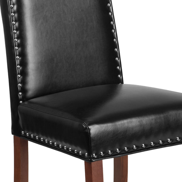 Black LeatherSoft |#| Black LeatherSoft Parsons Chair with Panel Stitching and Silver Accent Nail Trim
