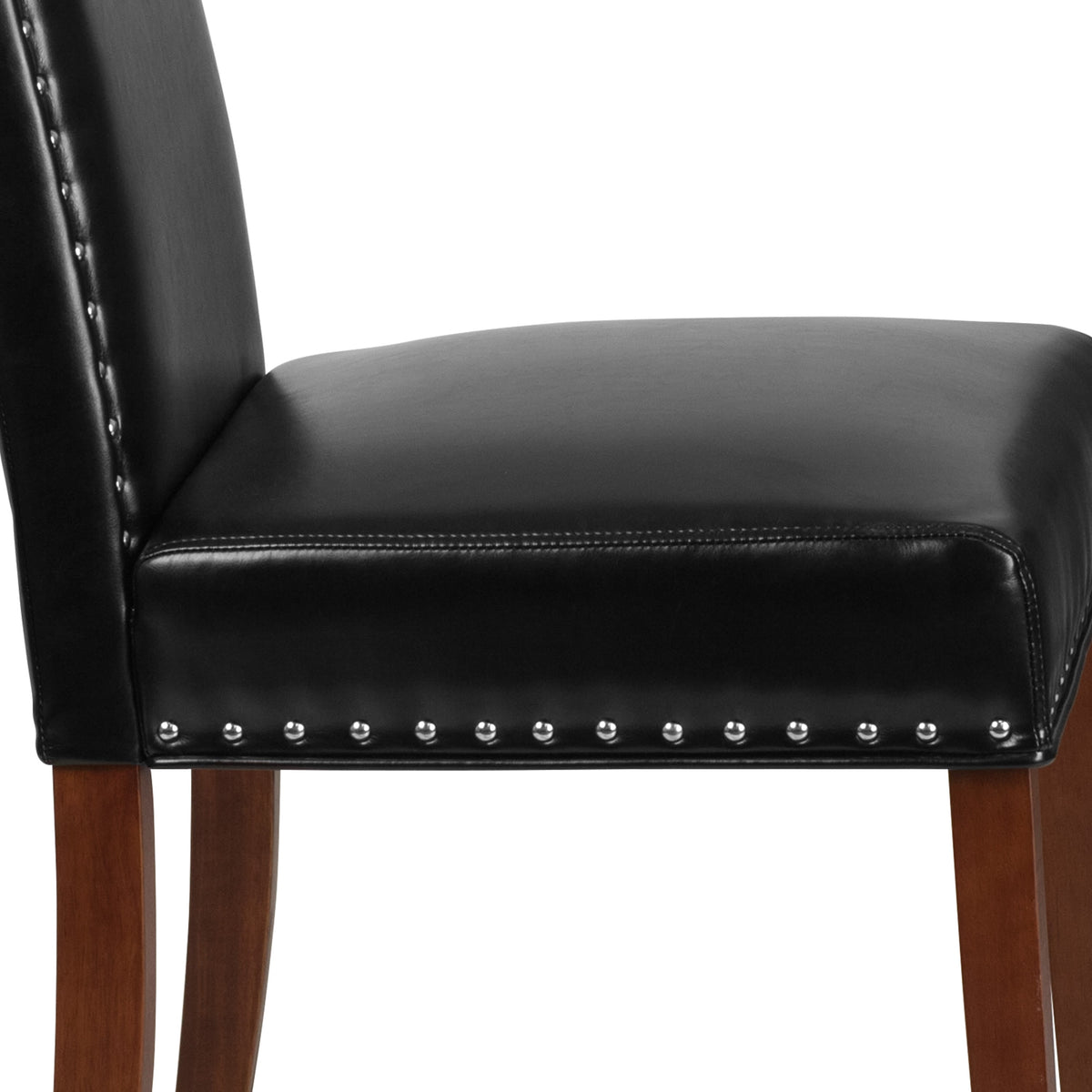 Black LeatherSoft |#| Black LeatherSoft Parsons Chair with Panel Stitching and Silver Accent Nail Trim
