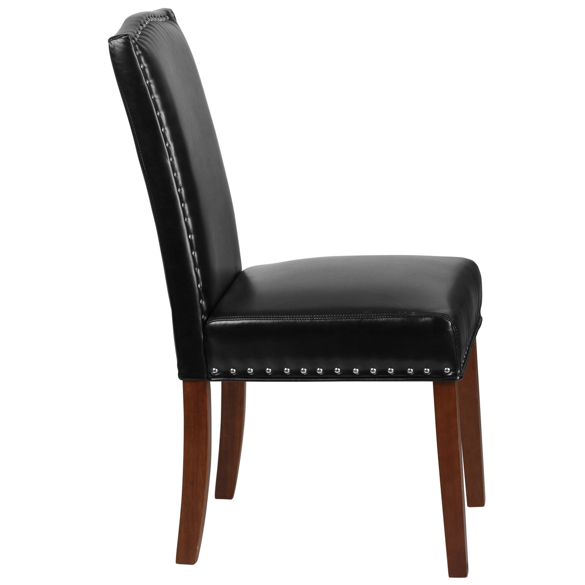 Black LeatherSoft |#| Black LeatherSoft Parsons Chair with Panel Stitching and Silver Accent Nail Trim