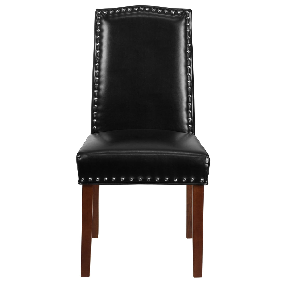 Black LeatherSoft |#| Black LeatherSoft Parsons Chair with Panel Stitching and Silver Accent Nail Trim
