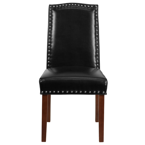 Black LeatherSoft |#| Black LeatherSoft Parsons Chair with Panel Stitching and Silver Accent Nail Trim