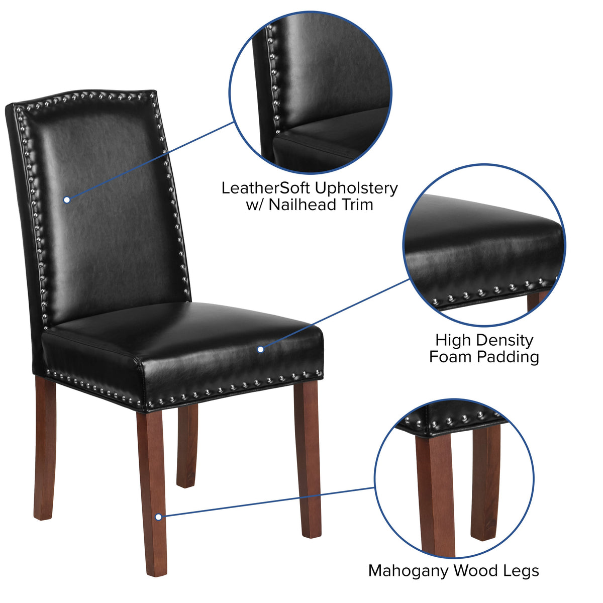 Black LeatherSoft |#| Black LeatherSoft Parsons Chair with Panel Stitching and Silver Accent Nail Trim