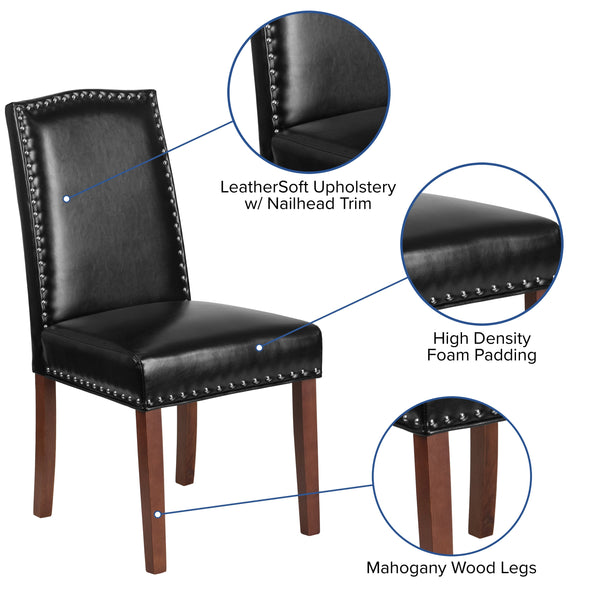 Black LeatherSoft |#| Black LeatherSoft Parsons Chair with Panel Stitching and Silver Accent Nail Trim