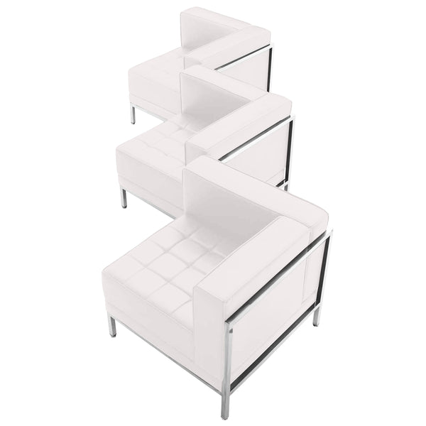 Melrose White |#| White LeatherSoft 3 Piece Modular Corner Chair Set with Taut Back and Seat