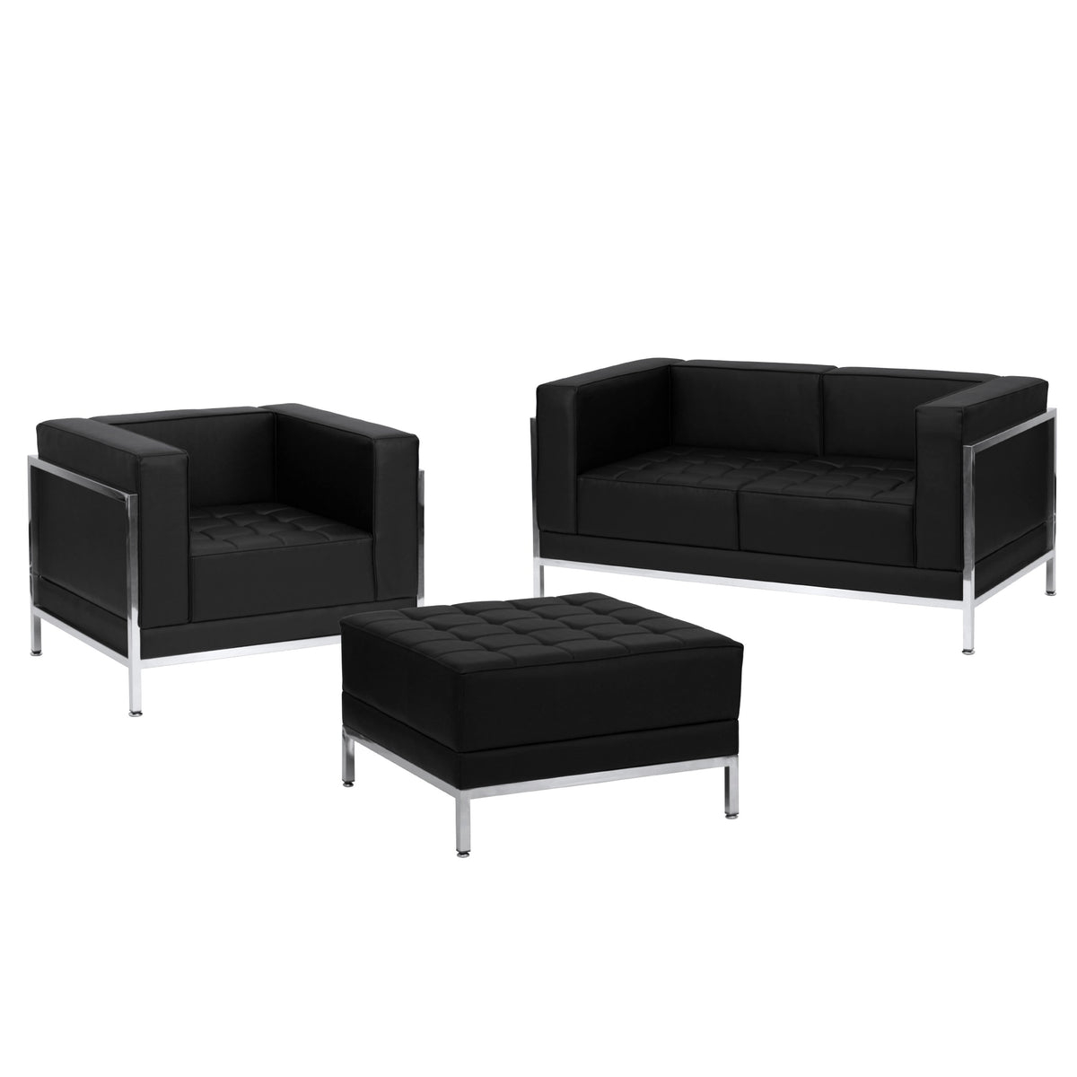Black LeatherSoft Modular Loveseat, Chair & Ottoman Set w/Taut Back &Seat