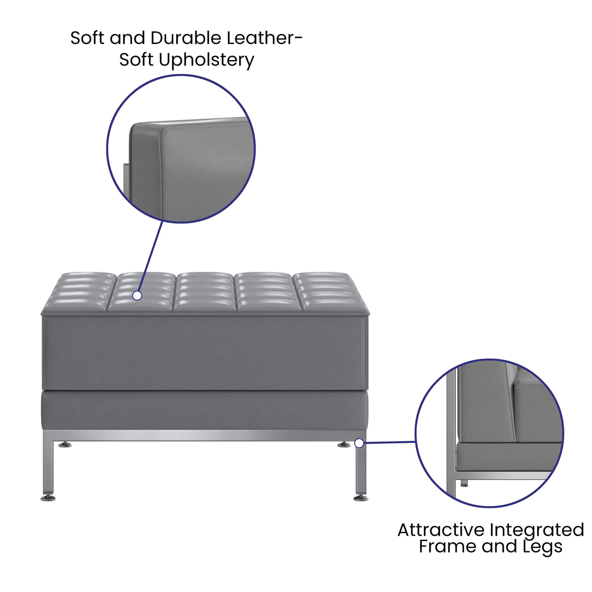 Gray |#| Gray LeatherSoft Quilted Tufted Modular Ottoman with Stainless Steel Legs