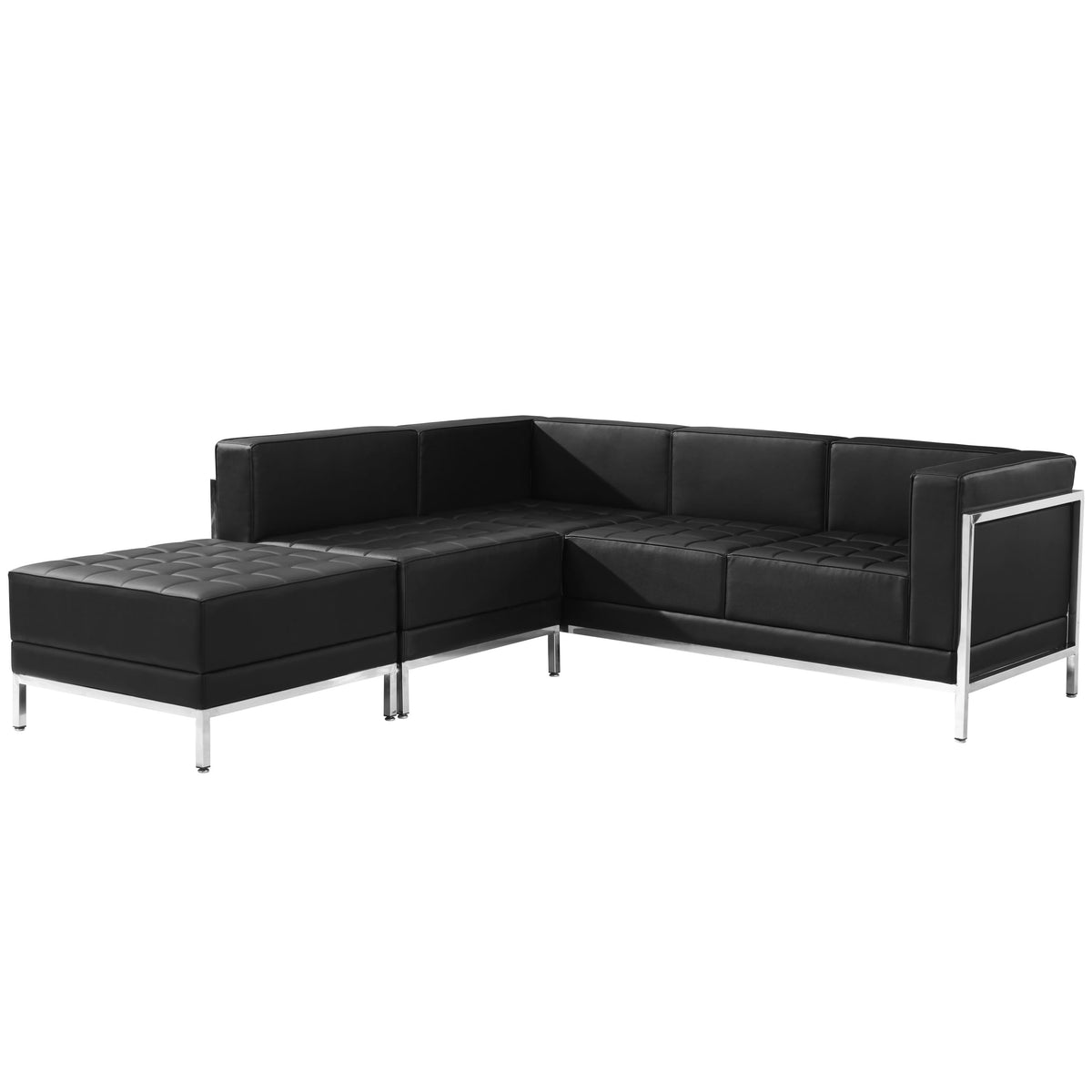 Black |#| 3 Piece Black LeatherSoft Modular Sectional Configuration - Stainless Steel Legs