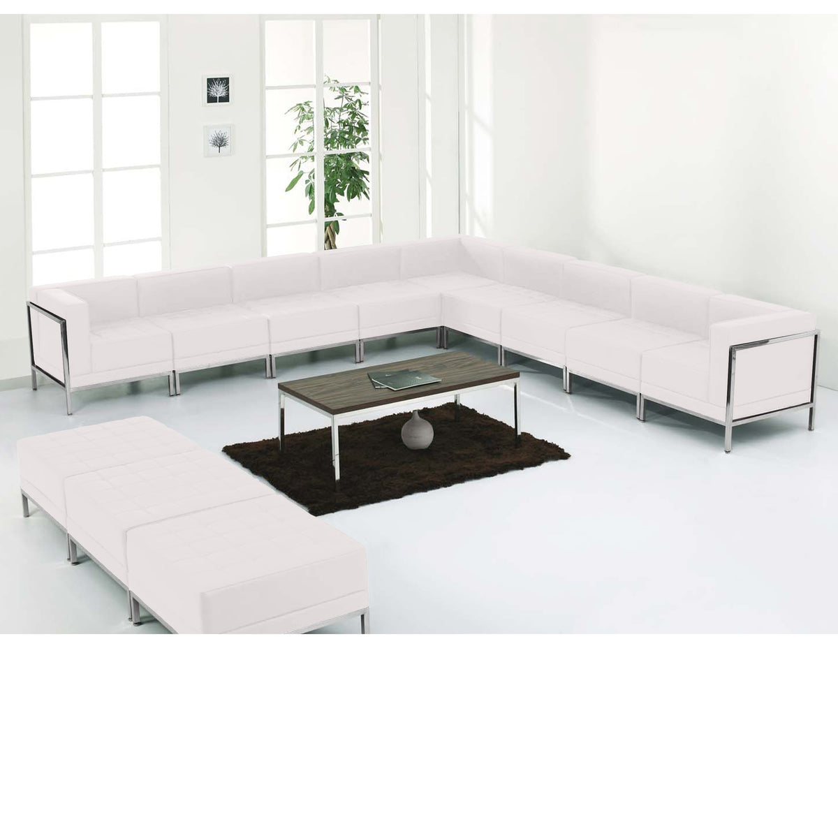 Melrose White |#| 12 PC White LeatherSoft Modular Sectional & Ottoman Set - Stainless Steel Legs