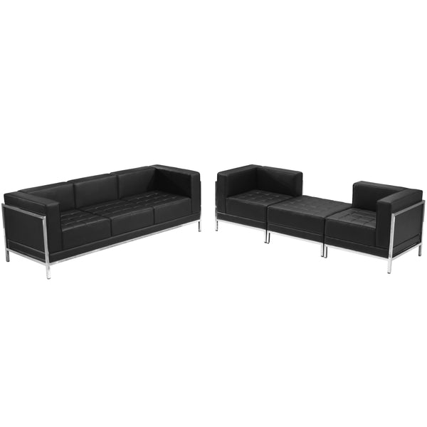 Black |#| 4 Piece Black LeatherSoft Sofa & Lounge Chair Set with Taut Back and Seat