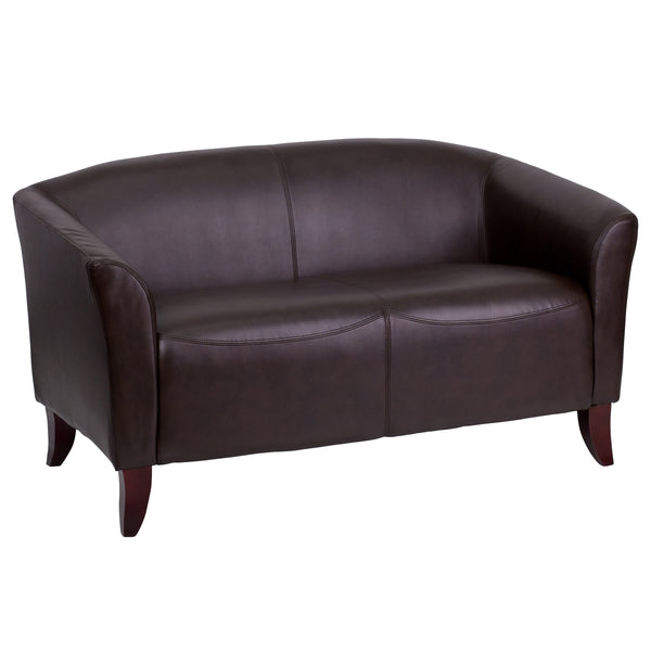 Brown |#| Brown LeatherSoft Loveseat w/Cherry Wood Feet - Reception or Home Office Seating