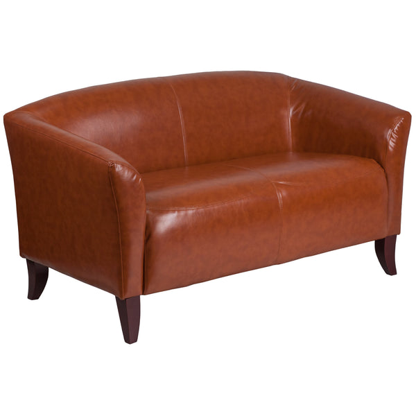 Cognac |#| Cognac LeatherSoft Loveseat w/ Cherry Wood Feet - Lobby or Home Office Seating