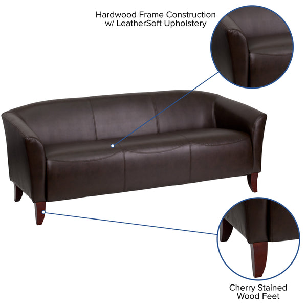 Brown |#| Brown LeatherSoft Sofa with Cherry Wood Feet - Reception or Home Office Seating