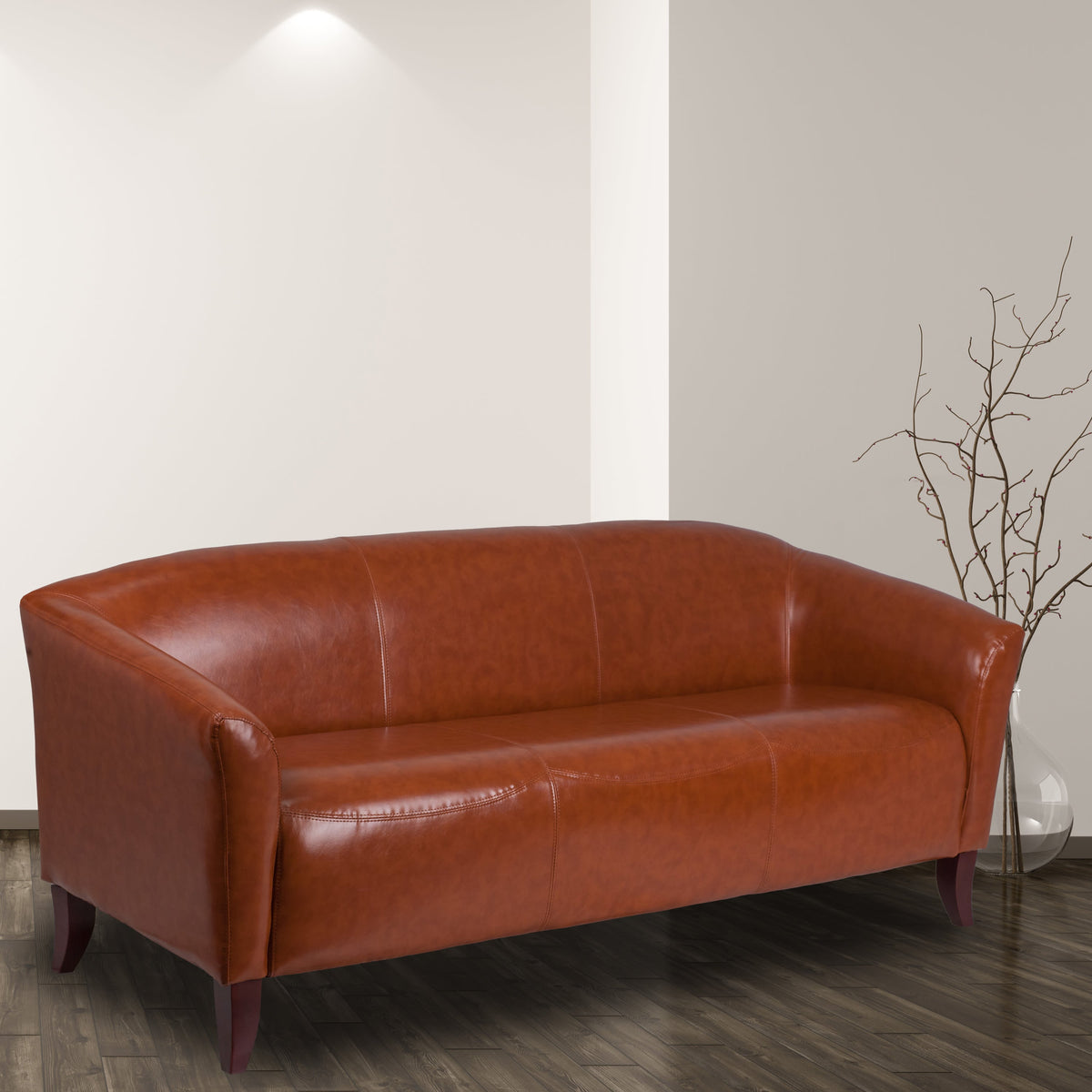 Cognac |#| Cognac LeatherSoft Sofa w/ Cherry Wood Feet - Reception or Home Office Seating